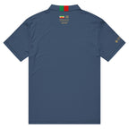 Navy polo shirt with Persian flag collar, gold text, and lion emblem sleeve detail