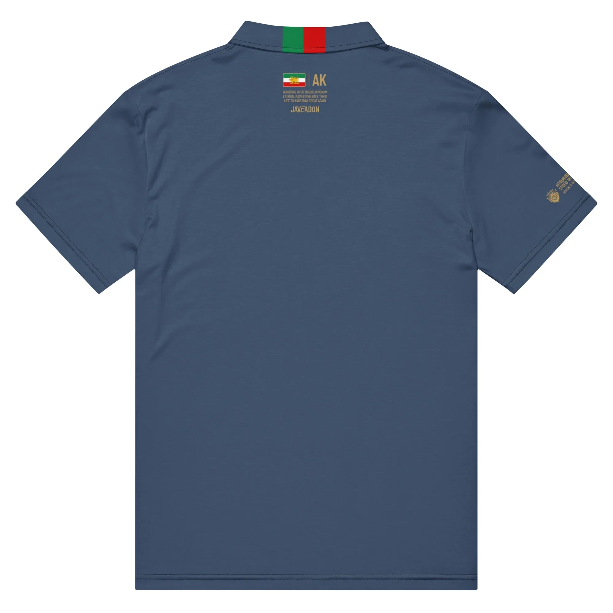 Navy polo shirt with Persian flag collar, gold text, and lion emblem sleeve detail