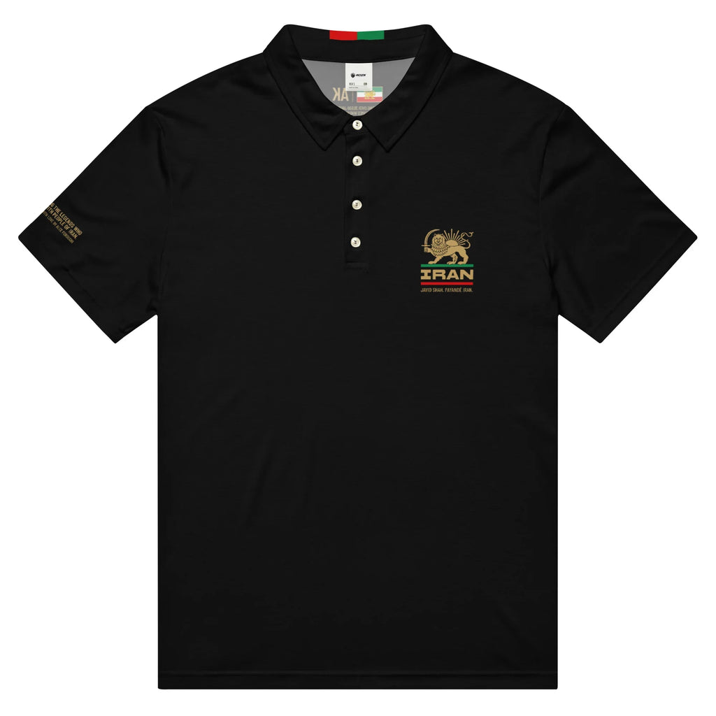 Black polo shirt with gold Lion and Sun emblem, 'IRAN' text, and Persian heritage design.