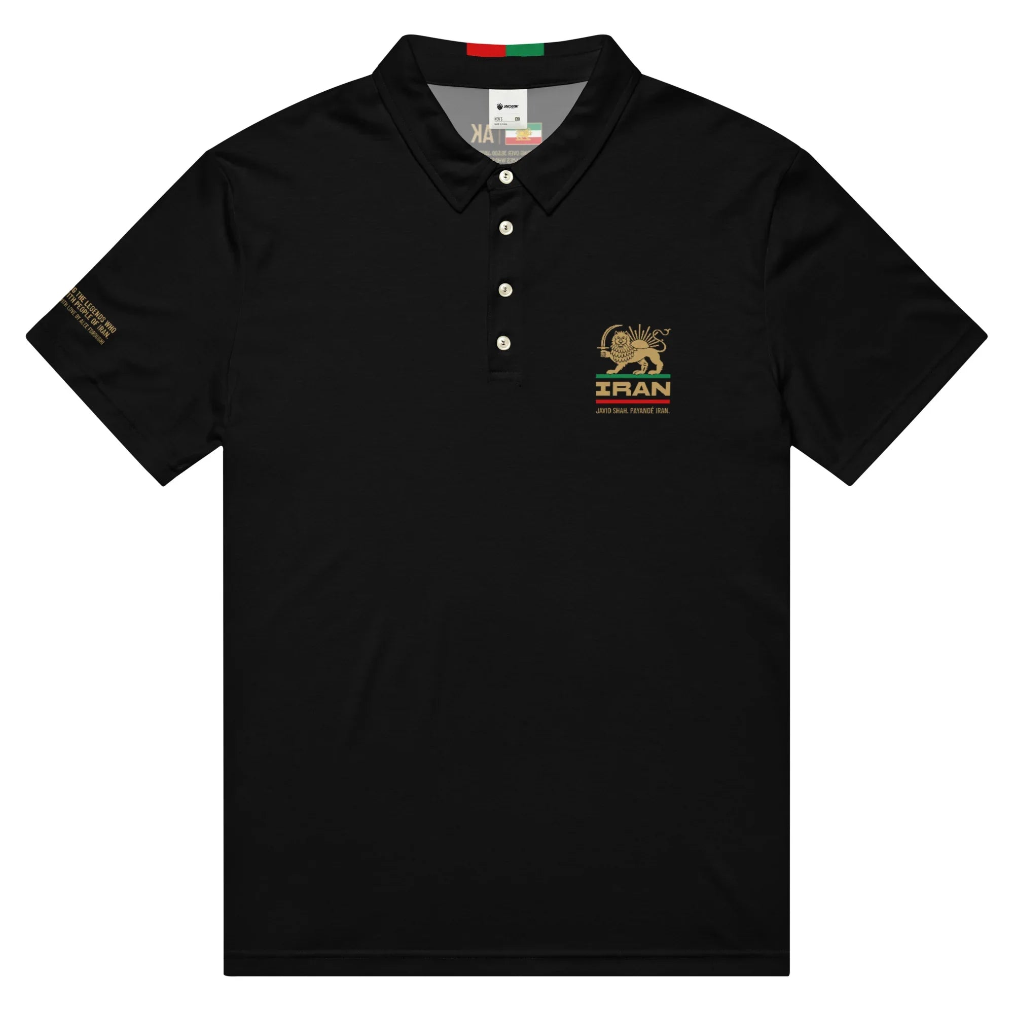 Black polo shirt with gold Lion and Sun emblem, 'IRAN' text, and Persian heritage design.