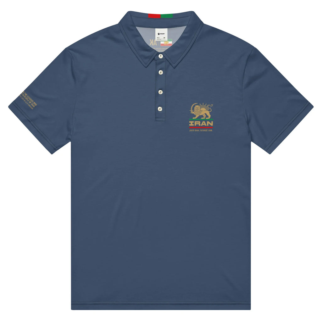 Navy polo shirt with Iran lion emblem and heritage text, inspired by Persian culture