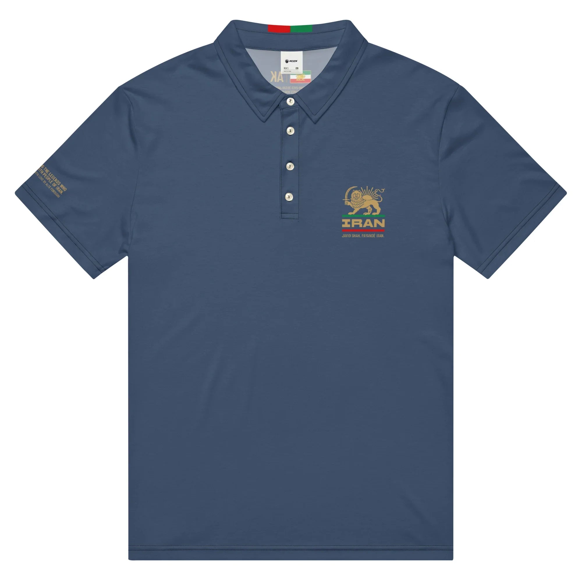 Navy polo shirt with Iran lion emblem and heritage text, inspired by Persian culture
