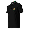 Black polo shirt with gold Lion and Sun emblem, Iran text, and tricolor collar detail