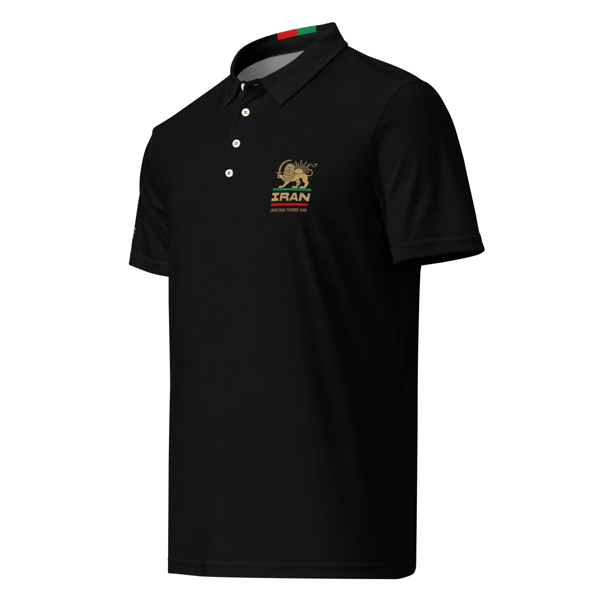 Black polo shirt with gold Lion and Sun emblem, Iran text, and tricolor collar detail