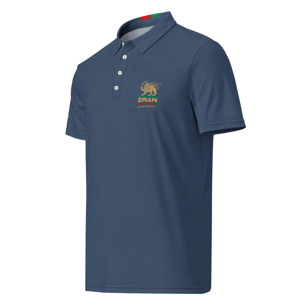 Navy polo shirt with Iran lion and sun emblem, Persian heritage design