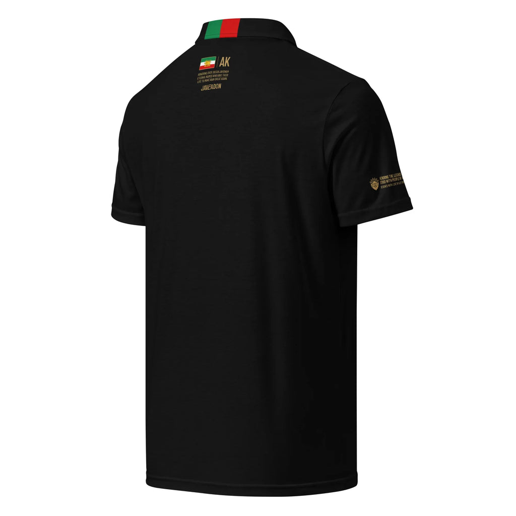 Black polo shirt with Persian flag collar and gold text honoring heritage and resilience.