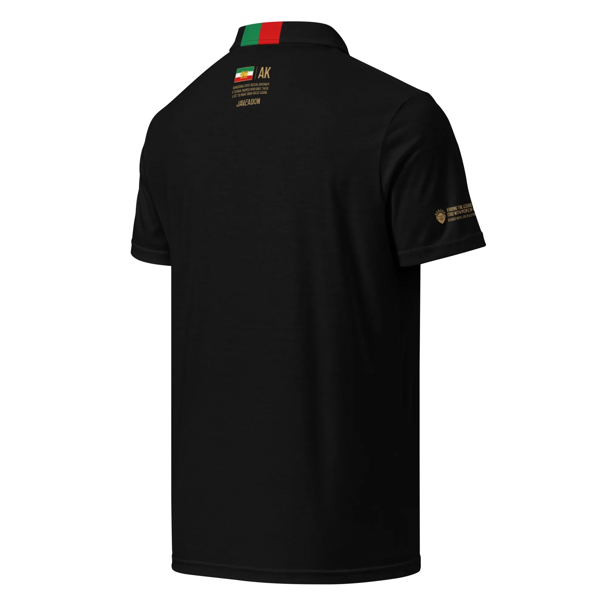 Black polo shirt with Persian flag collar and gold text honoring heritage and resilience.