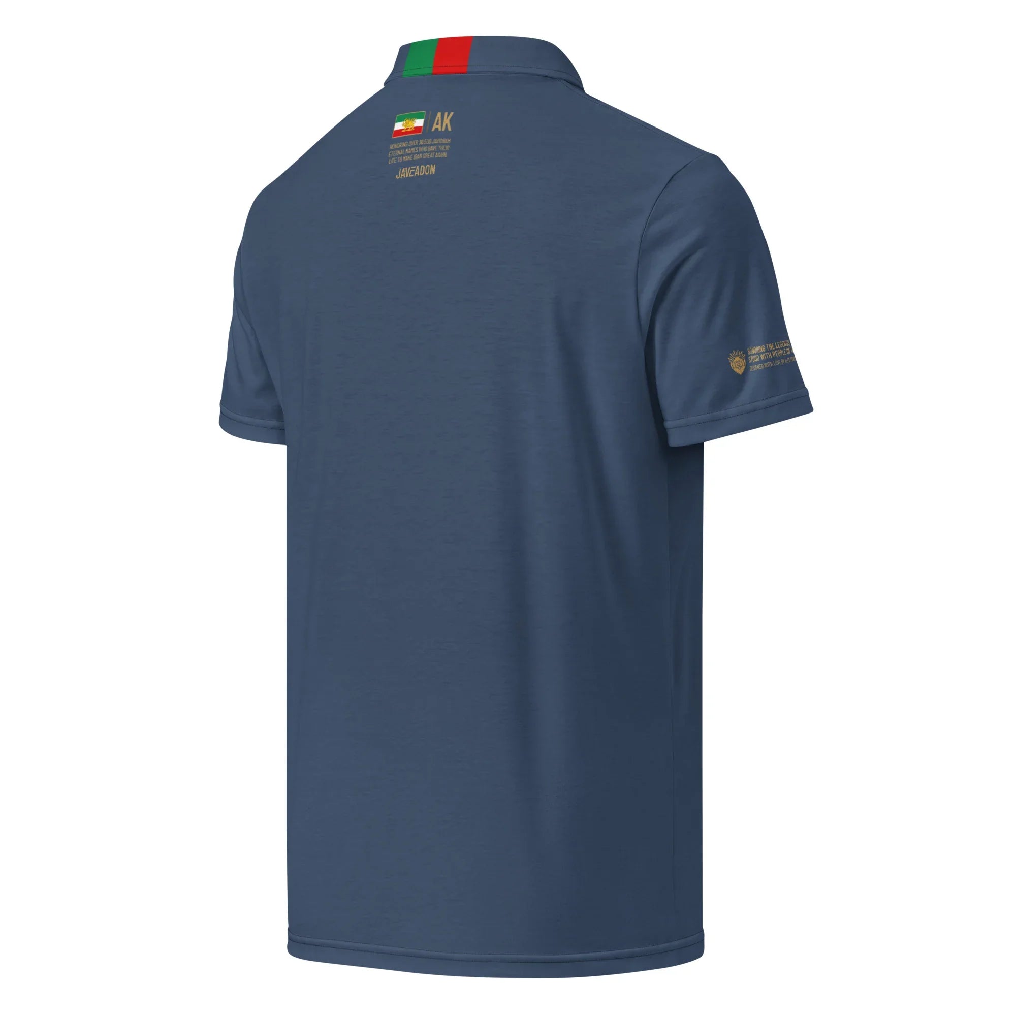 Navy polo shirt with Persian flag collar and gold embroidery, inspired by Persian heritage and streetwear design.