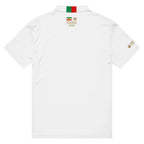 White polo shirt with Persian flag accents and gold text honoring heritage and resilience.