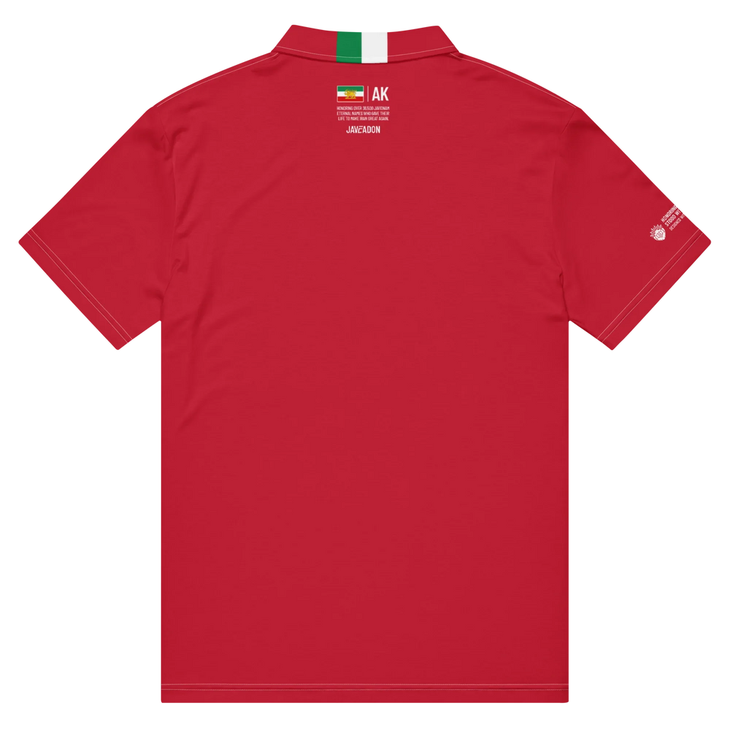 Red polo shirt with Persian Lion & Sun flag, honoring Javeadon heritage and resilience, modern streetwear design