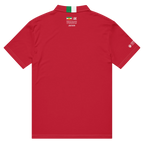 Red polo shirt with Persian Lion & Sun flag, honoring Javeadon heritage and resilience, modern streetwear design