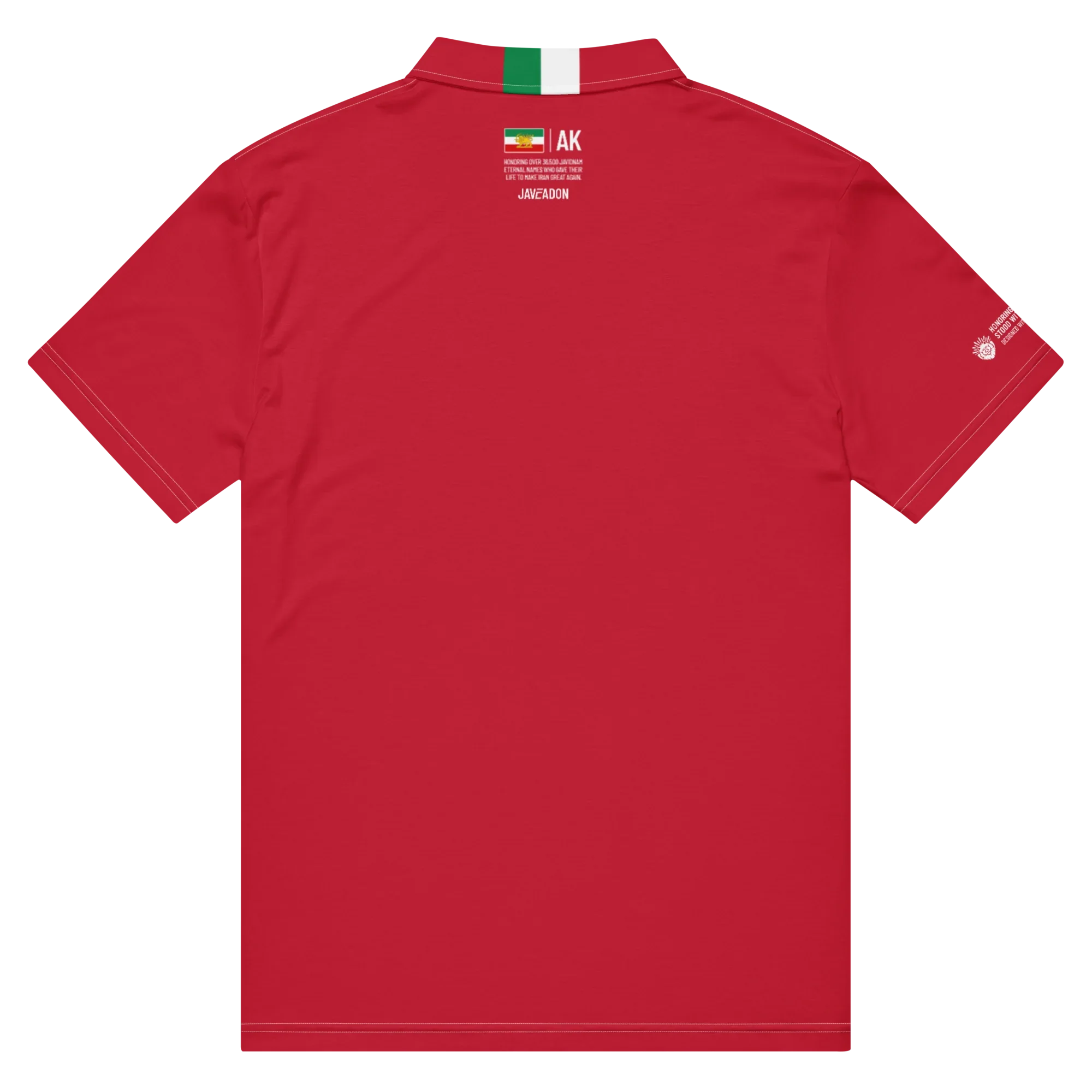 Red polo shirt with Persian Lion & Sun flag, honoring Javeadon heritage and resilience, modern streetwear design