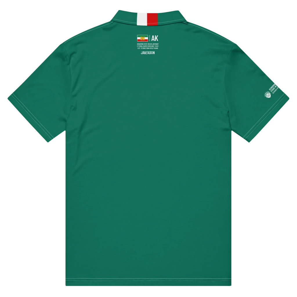 Green polo shirt with Persian Lion & Sun flag, honoring heritage and resilience, featuring AK tribute and sleeve emblem.