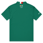 Green polo shirt with Persian Lion & Sun flag, honoring heritage and resilience, featuring AK tribute and sleeve emblem.