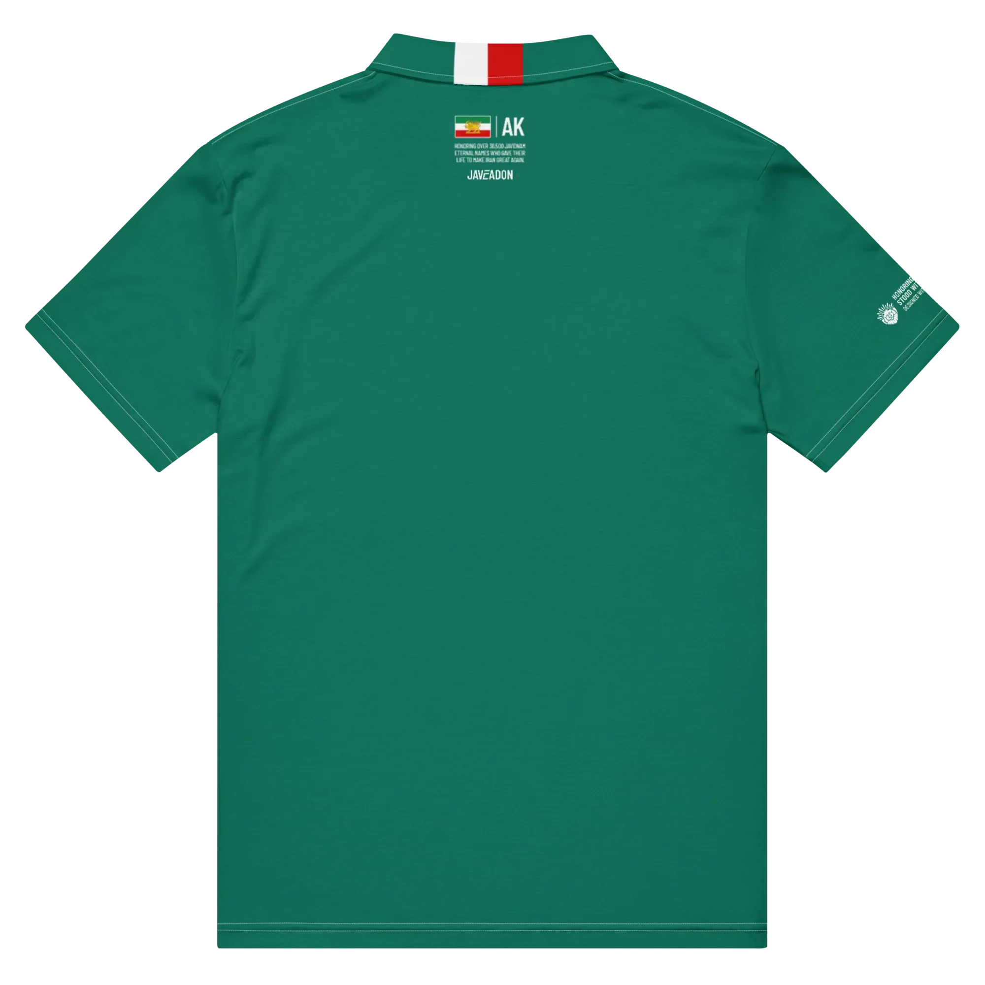 Green polo shirt with Persian Lion & Sun flag, honoring heritage and resilience, featuring AK tribute and sleeve emblem.