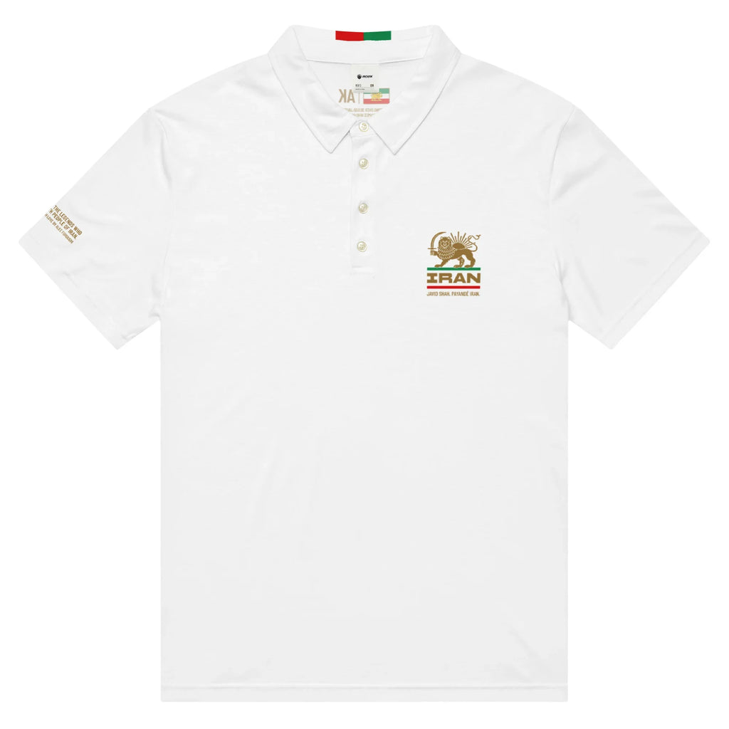 White polo shirt with Lion and Sun emblem, Iran text, and Persian heritage design details.