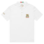 White polo shirt with Lion and Sun emblem, Iran text, and Persian heritage design details.