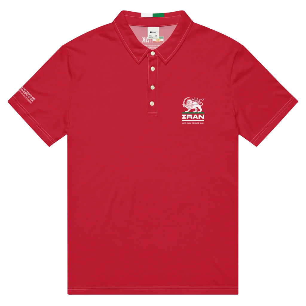 Red polo shirt with Iran Lion & Sun emblem, Persian heritage design, white stitching, and sleeve text