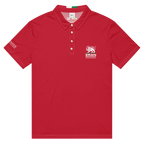 Red polo shirt with Iran Lion & Sun emblem, Persian heritage design, white stitching, and sleeve text