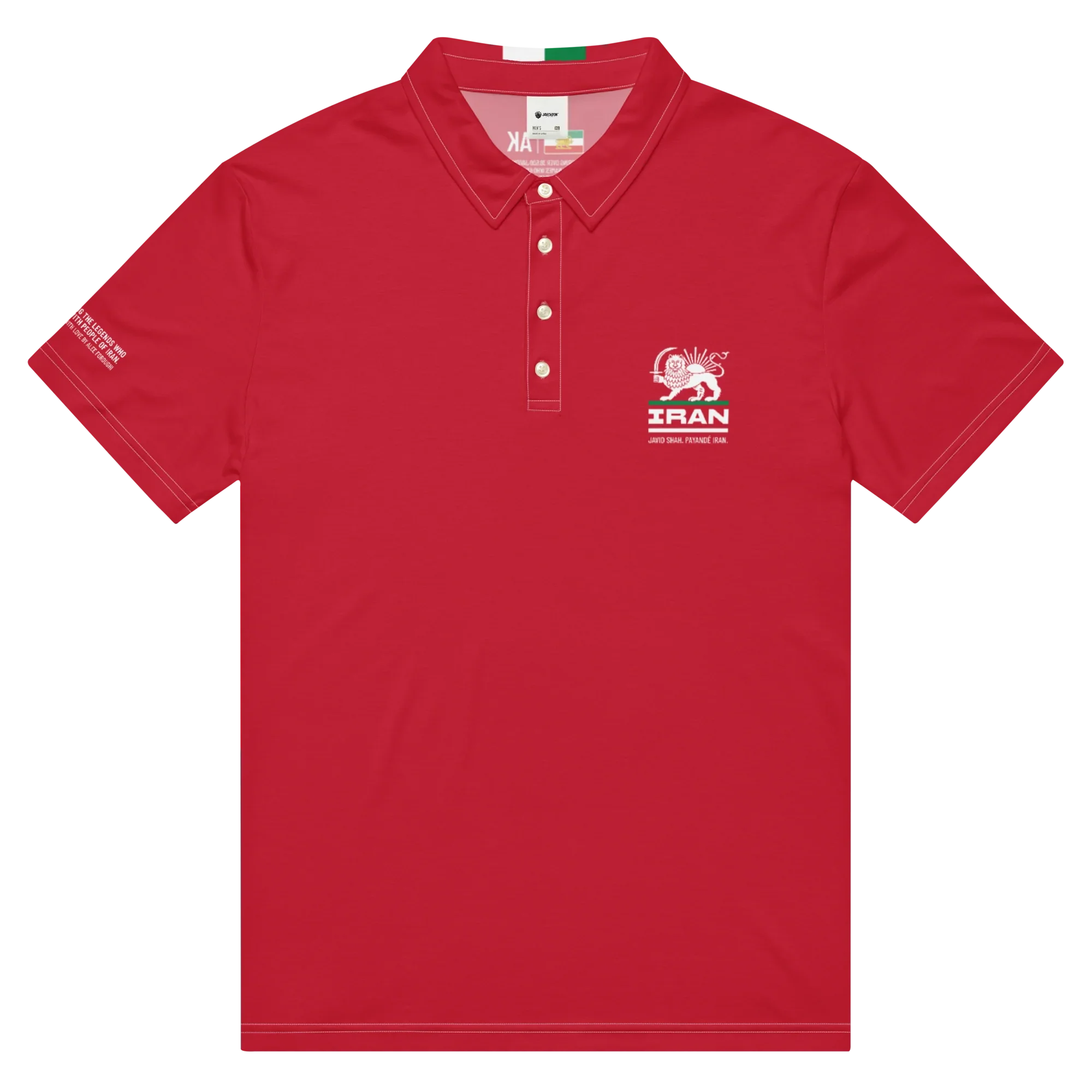 Red polo shirt with Iran Lion & Sun emblem, Persian heritage design, white stitching, and sleeve text