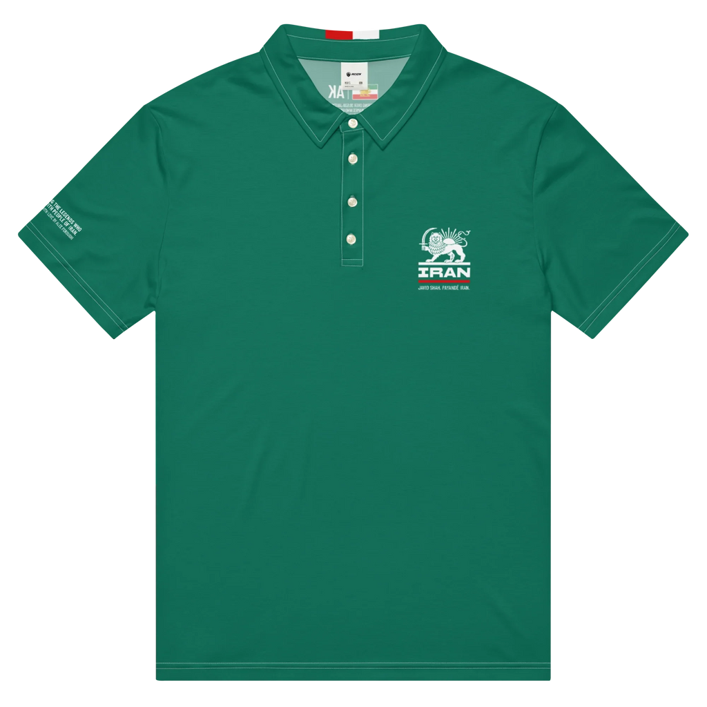 Green polo shirt with Lion and Sun emblem, 'IRAN' text, and Persian heritage design for men's streetwear.