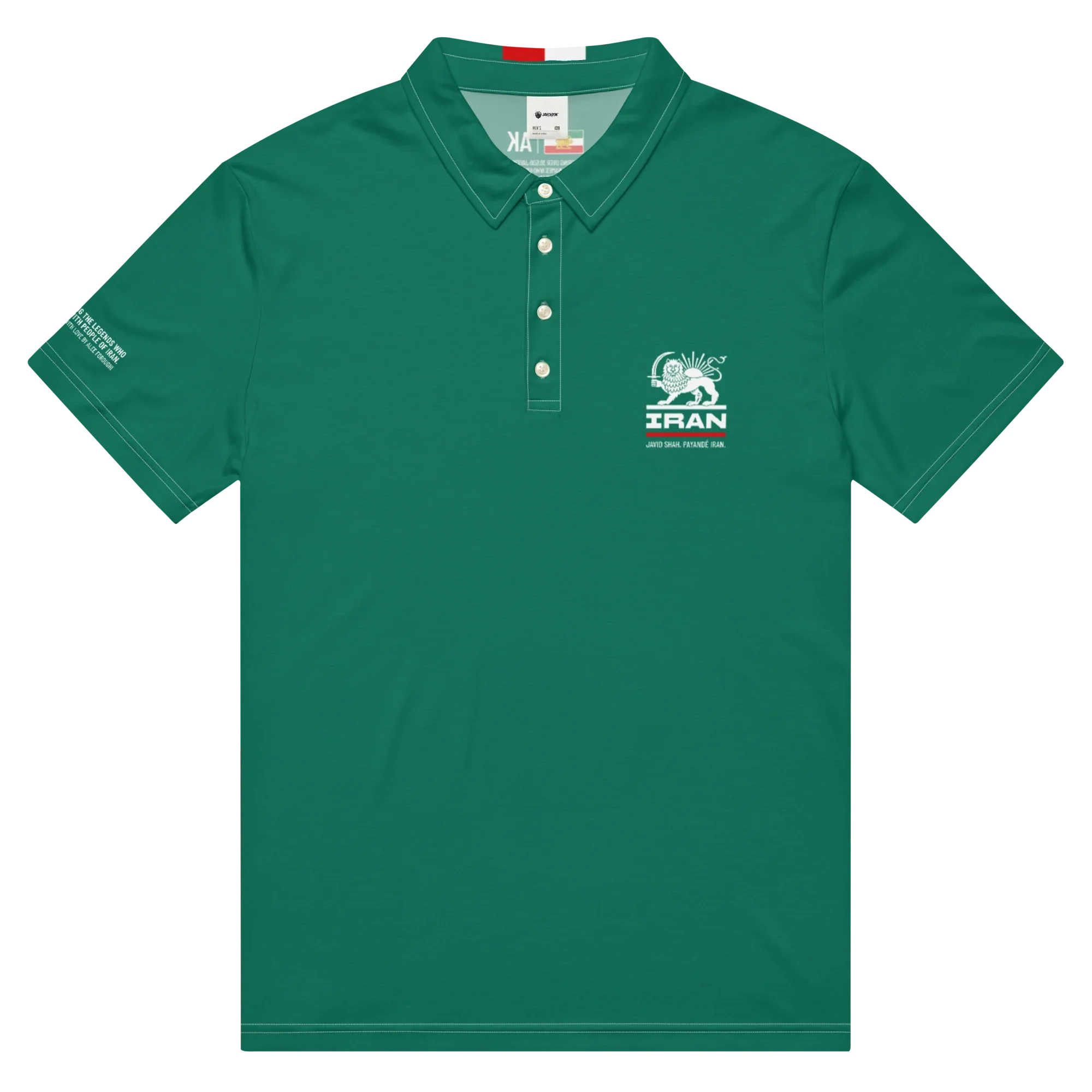 Green polo shirt with Lion and Sun emblem, 'IRAN' text, and Persian heritage design for men's streetwear.