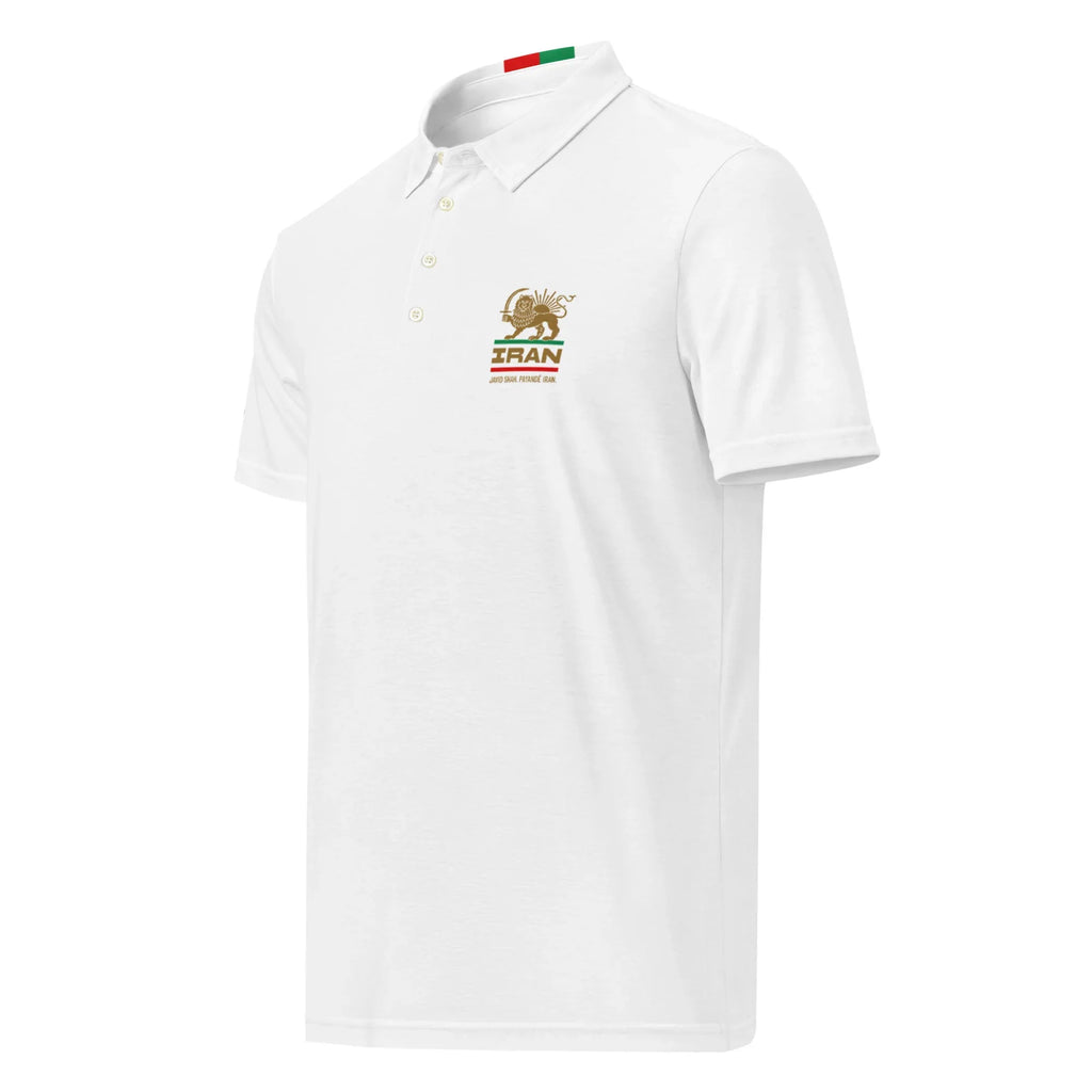 White polo shirt with Iran Lion and Sun emblem, Persian heritage design