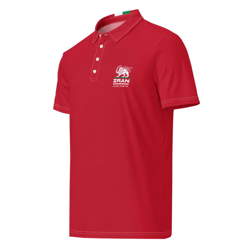 Red polo shirt with Lion and Sun emblem, Iran text, and heritage design for Persian pride apparel