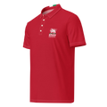 Red polo shirt with Lion and Sun emblem, Iran text, and heritage design for Persian pride apparel