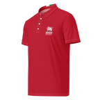 Red polo shirt with Lion and Sun emblem, Iran text, and heritage design for Persian pride apparel