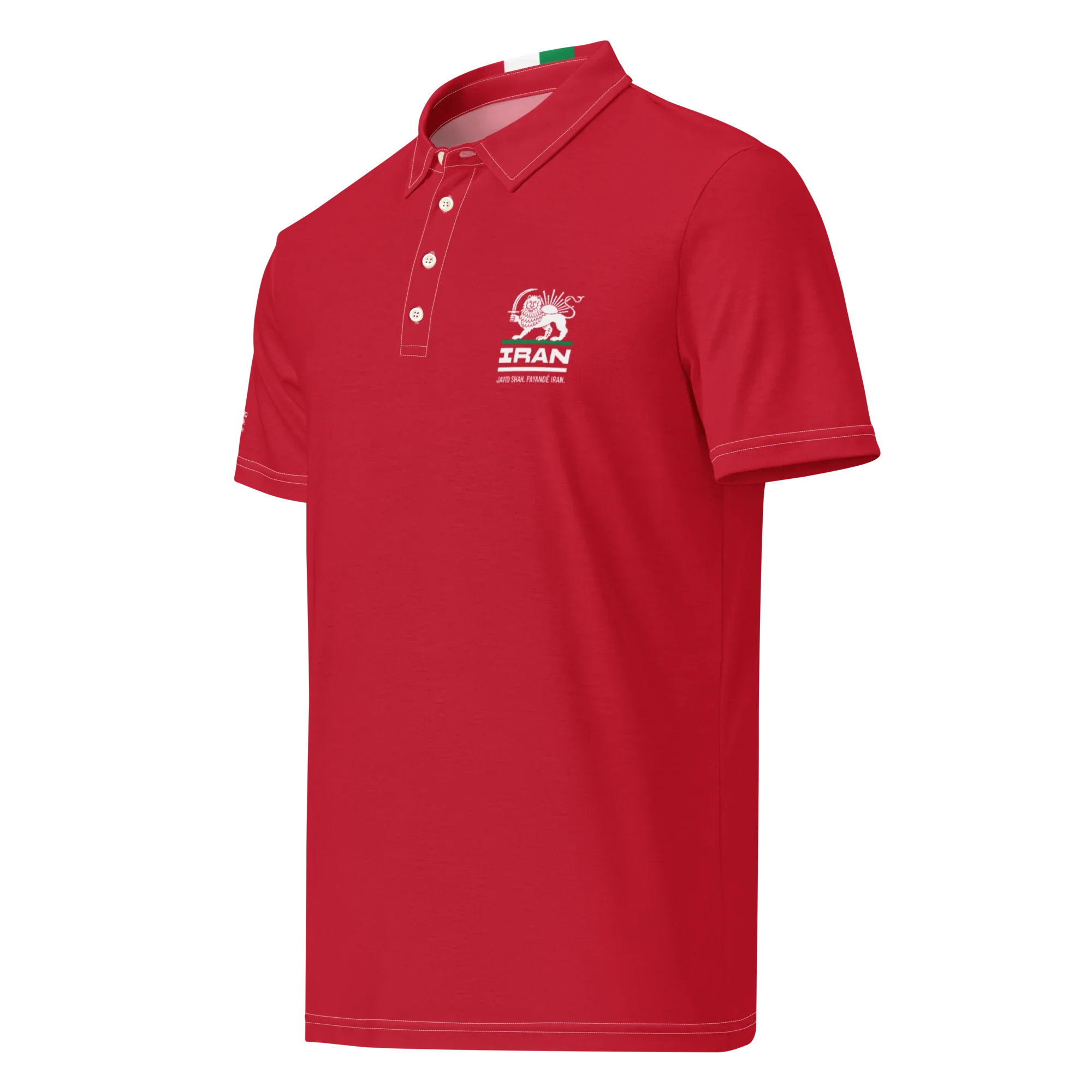Red polo shirt with Lion and Sun emblem, Iran text, and heritage design for Persian pride apparel