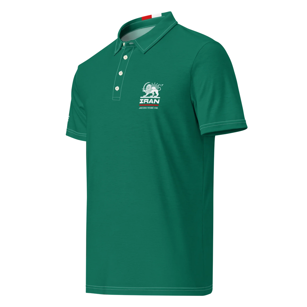 Green polo shirt with Iran Lion and Sun emblem, Persian heritage design