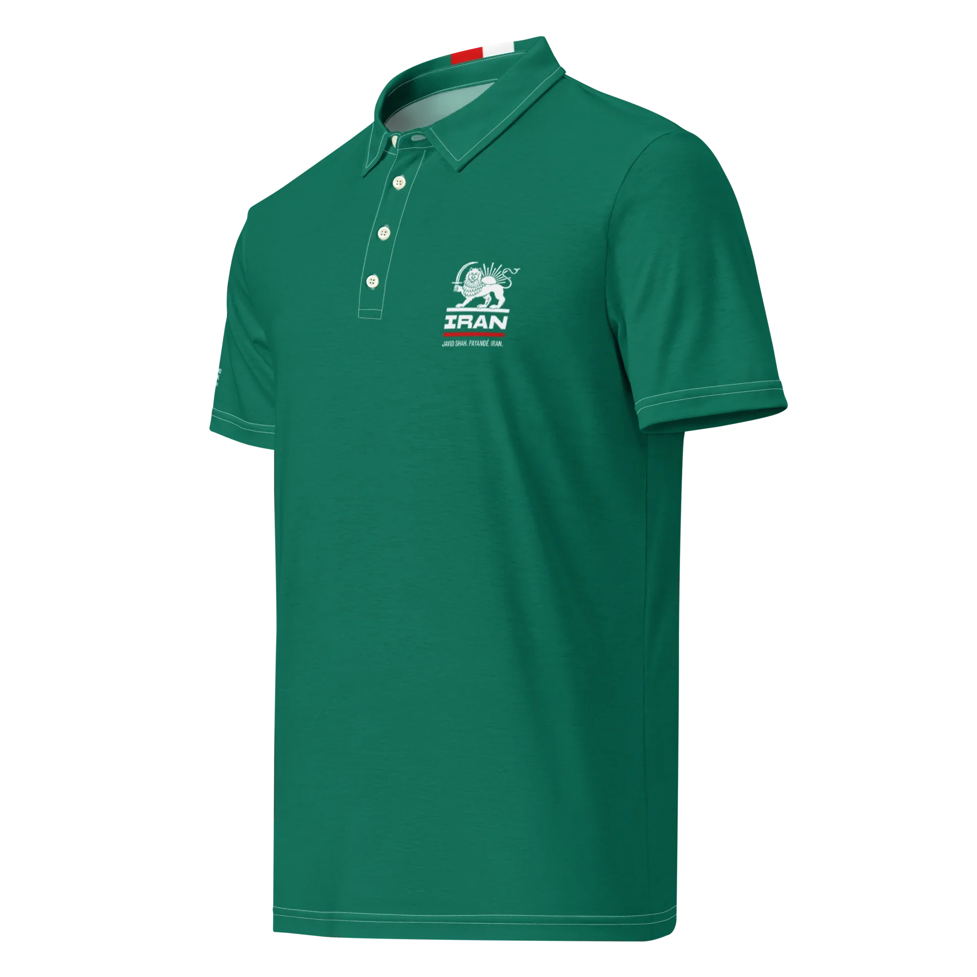 Green polo shirt with Iran Lion and Sun emblem, Persian heritage design