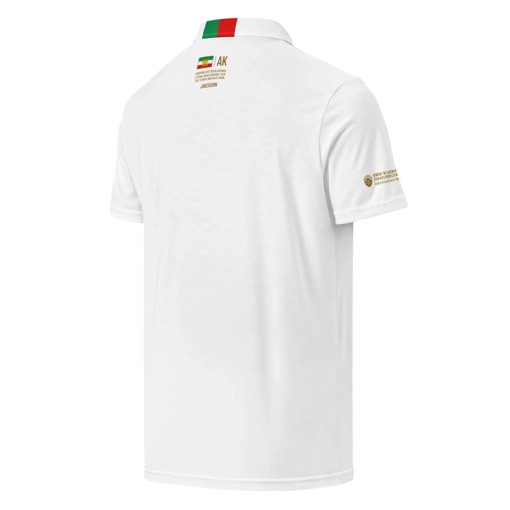 White polo shirt with Persian flag collar and gold text, honoring heritage and resilience.