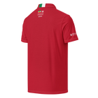 Red polo shirt with Persian heritage design, Lion & Sun emblem, and commemorative text on back and sleeve.