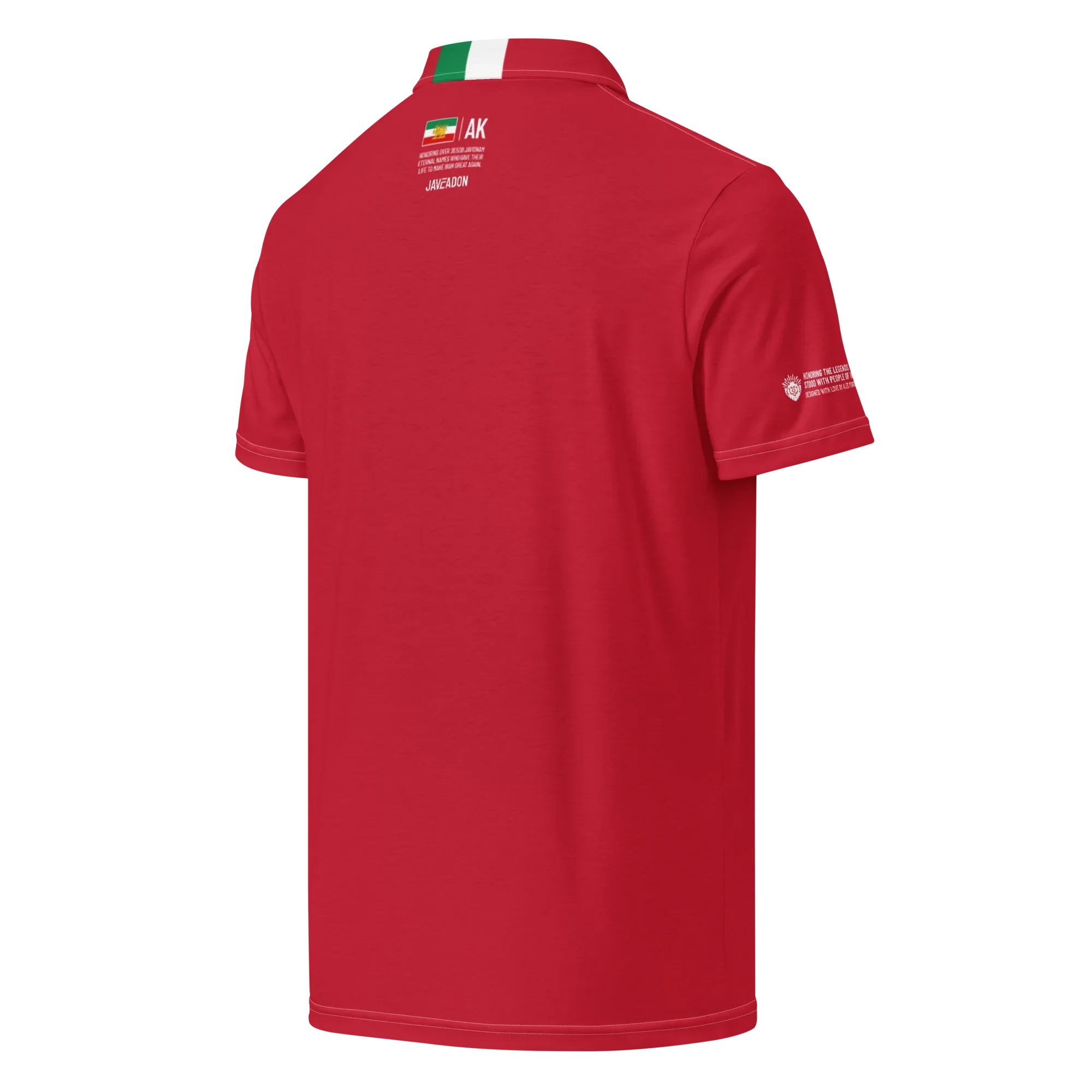 Red polo shirt with Persian heritage design, Lion & Sun emblem, and commemorative text on back and sleeve.