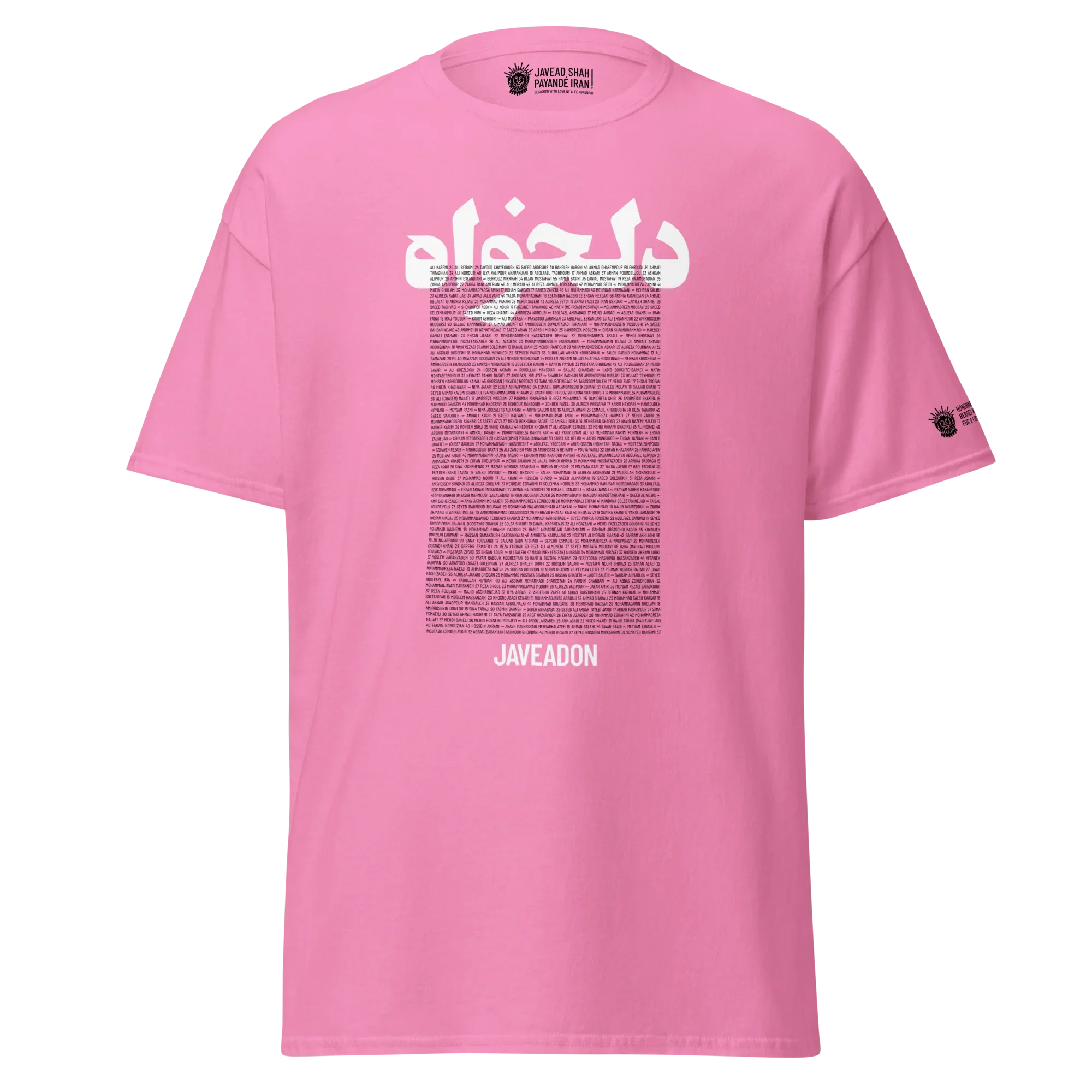 Pink Javeadon streetwear tee with Persian text, names, and Lion & Sun emblem, honoring heritage and freedom.
