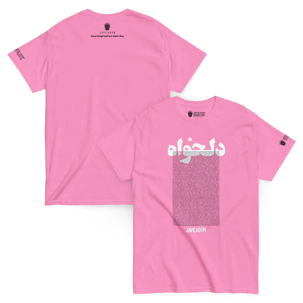 Pink Persian streetwear tee with Lion & Sun logo, Farsi text, and bold graphic design for cultural expression.