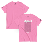 Pink Persian streetwear tee with Lion & Sun logo, Farsi text, and bold graphic design for cultural expression.