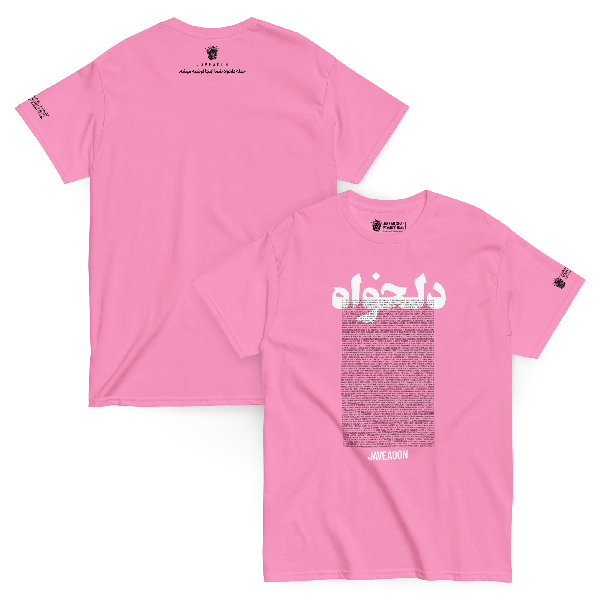 Pink Persian streetwear tee with Lion & Sun logo, Farsi text, and bold graphic design for cultural expression.