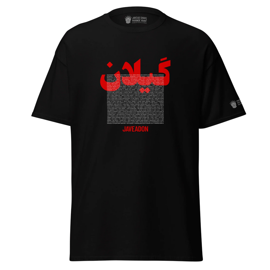 Black Persian streetwear tee with red 'ایران' graphic, names list, and Javeadon branding for heritage apparel.