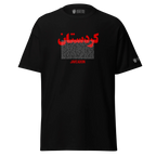 Black Persian streetwear tee with bold red 'کدستان' text, names list, and Lion & Sun emblem, honoring heritage and resilience.