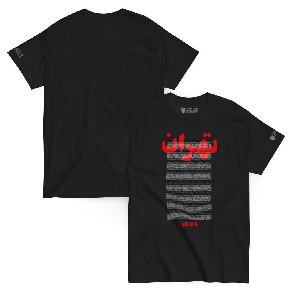 Black streetwear t-shirt with red Persian-inspired graphic, text, and lion emblem, symbolizing heritage and resilience.