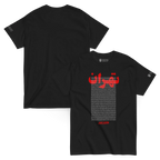 Black streetwear t-shirt with red Persian-inspired graphic, text, and lion emblem, symbolizing heritage and resilience.
