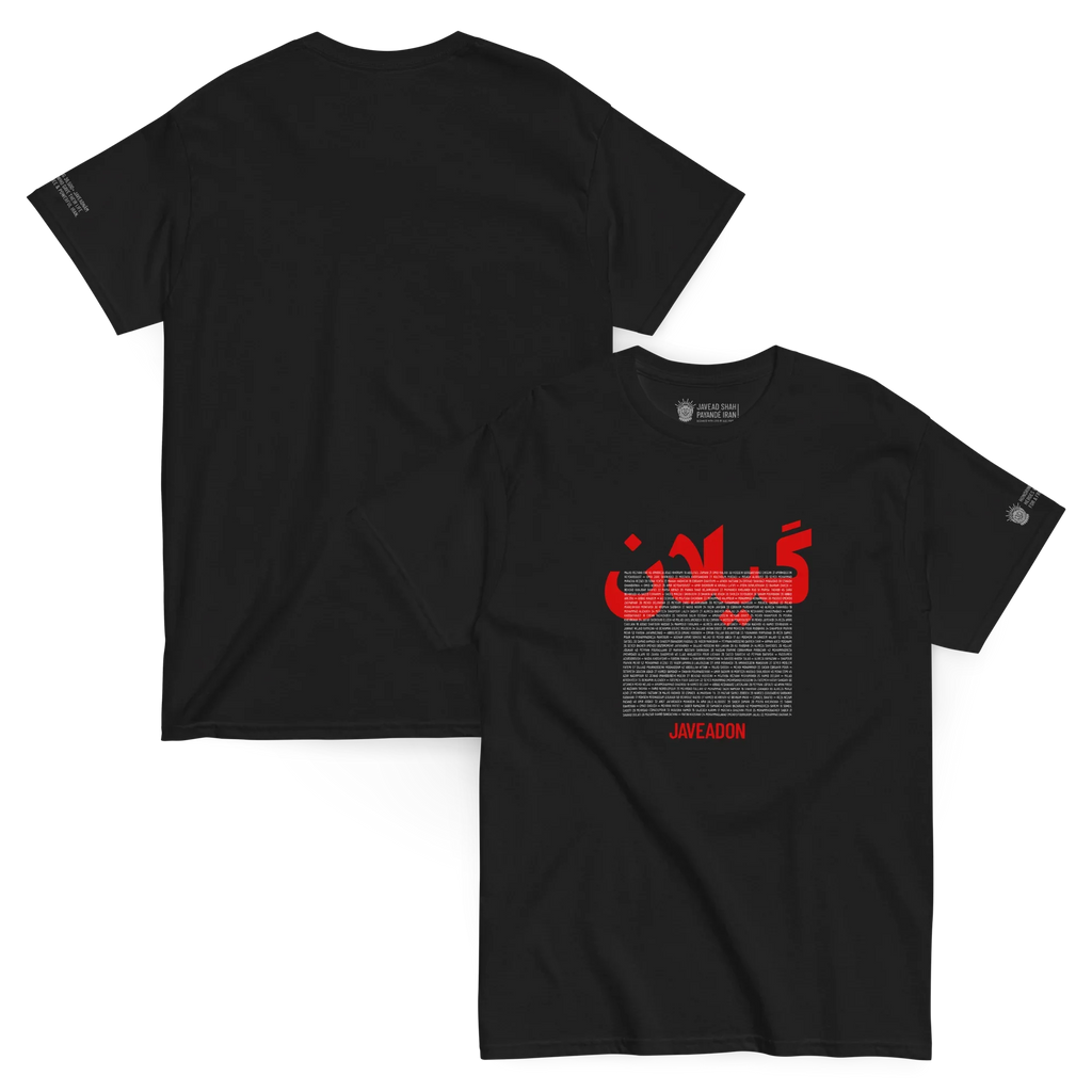 Black Persian streetwear tee with bold red Farsi text and Javeadon branding, inspired by Lion & Sun heritage.