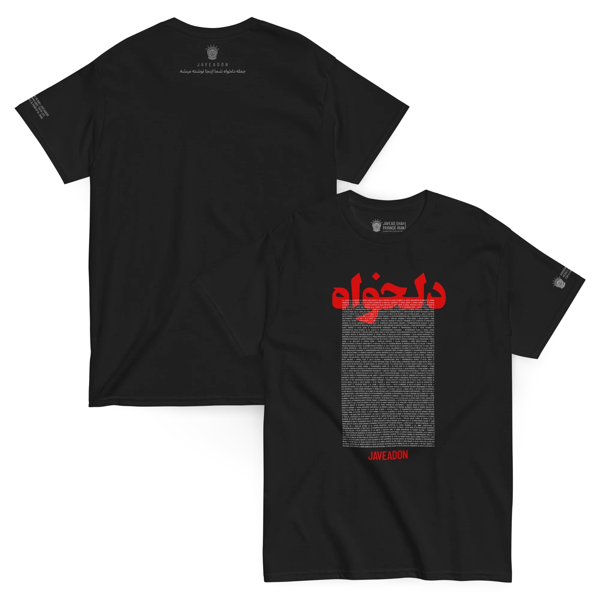 Black Persian streetwear t-shirt with red text and Lion & Sun emblem, symbolizing heritage and resilience.
