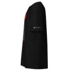 Black streetwear tee with red sleeve graphic and Persian heritage tribute text on sleeve, honoring resilience and freedom.