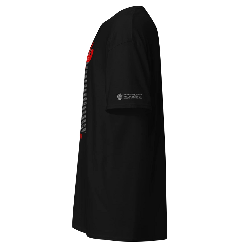 Black streetwear tee with red sleeve graphic and Persian-inspired Lion & Sun emblem honoring heroes, modern design