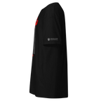 Black streetwear tee with red sleeve graphic and Persian-inspired Lion & Sun emblem honoring heroes, modern design
