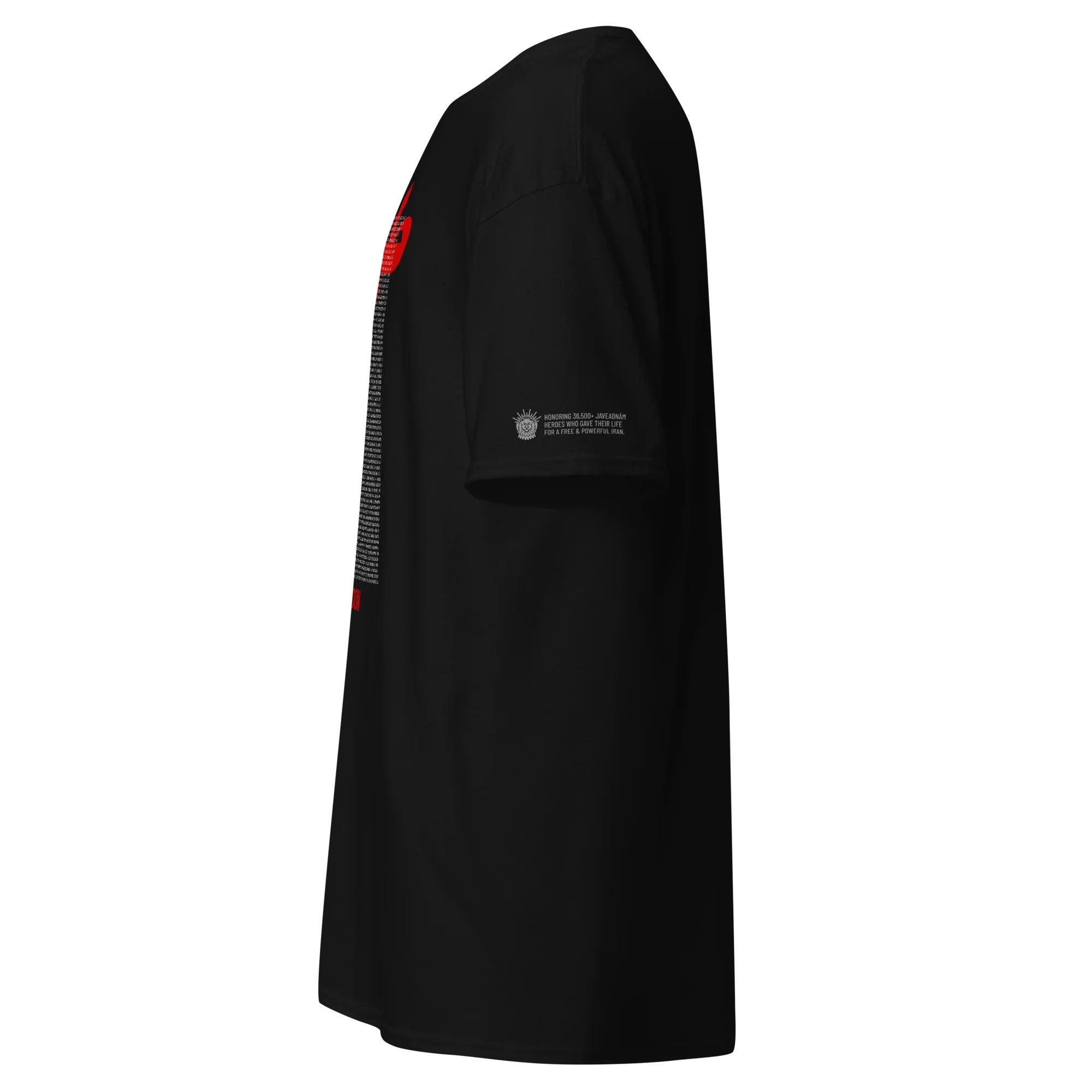 Black streetwear tee with red sleeve graphic and Persian-inspired Lion & Sun emblem honoring heroes, modern design